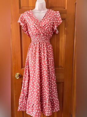 007- Pink Polka Dot Maxi Dress with Smocked Waist